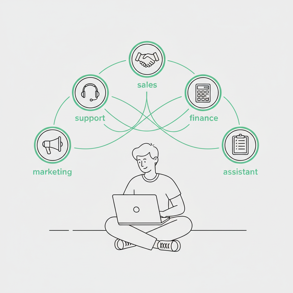 One person managing a virtual AI team — marketing, support, sales, finance, and assistant agents